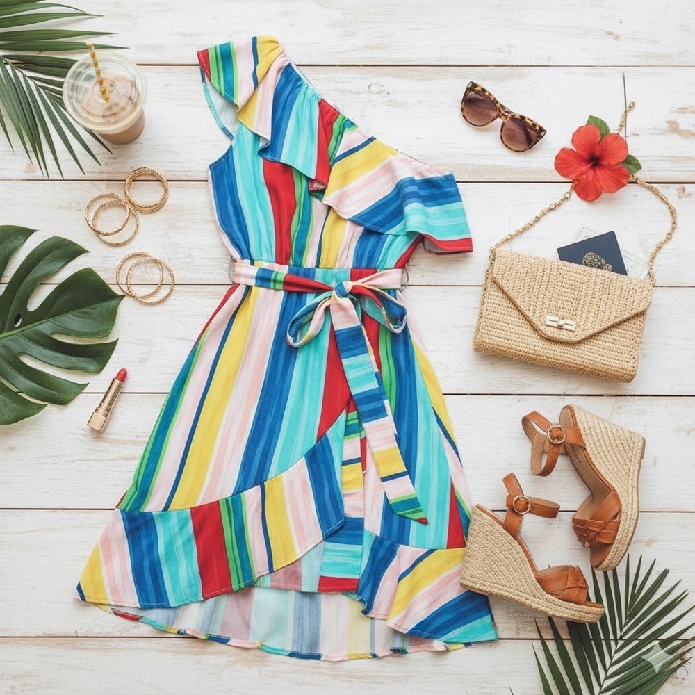 Rainbow Ruffle One Shoulder Stripe Midi Dress Cali Girl Dopamine Dressing M - Picture 3 of 14
